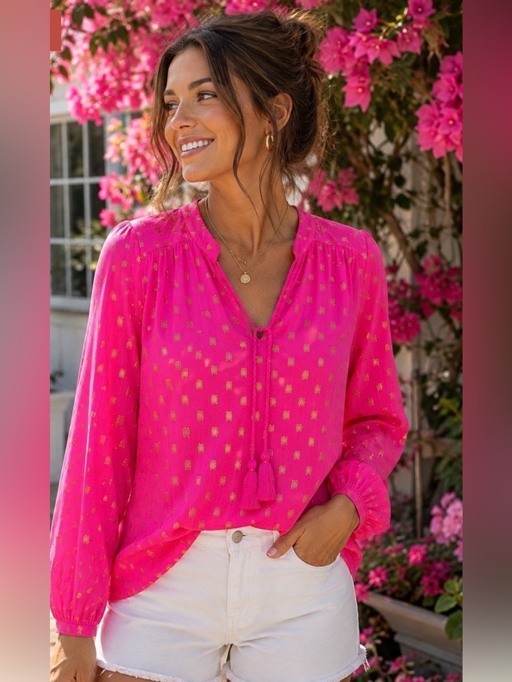 Crown & Ivy Hot Pink Metallic Gold Dot Tassel Blouse Med NWOT Coastal Preppy
